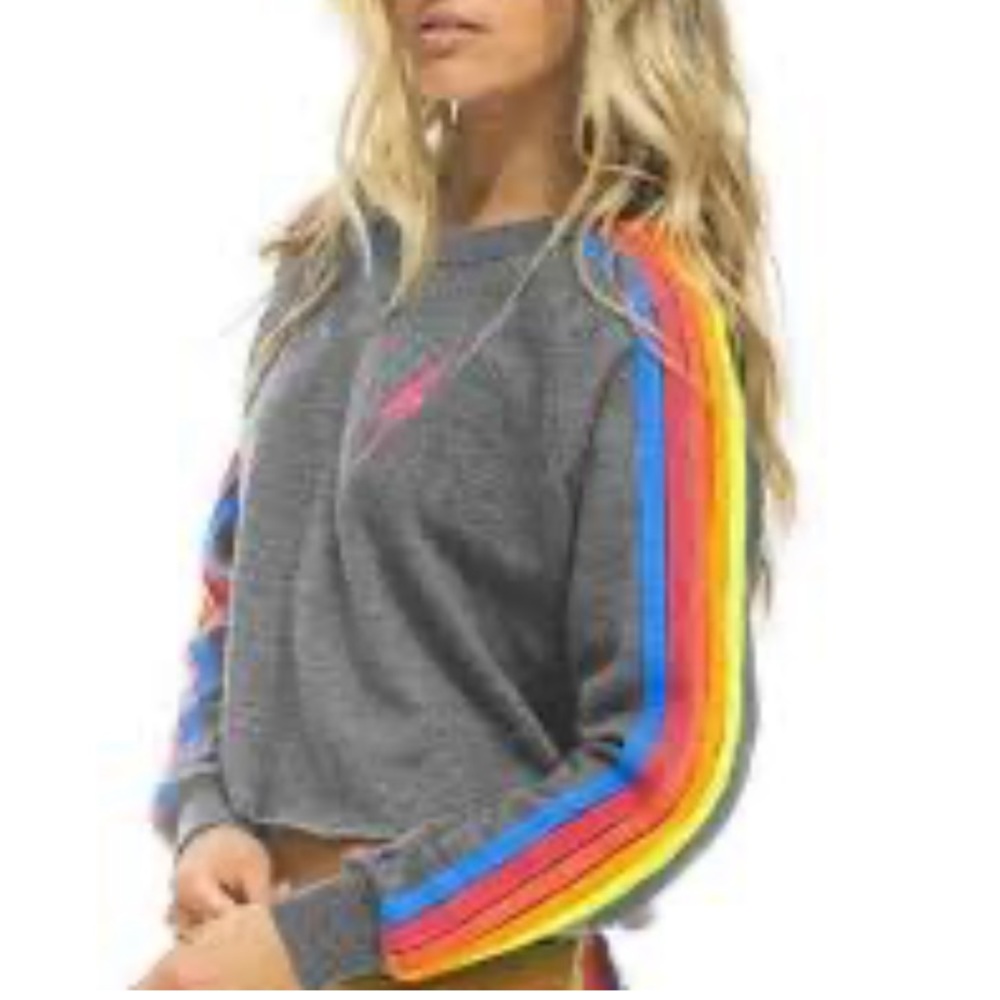 AVIATOR NATION Cropped Sweatshirt Bolt Stitched Gray & Neon Stripe Womens Small